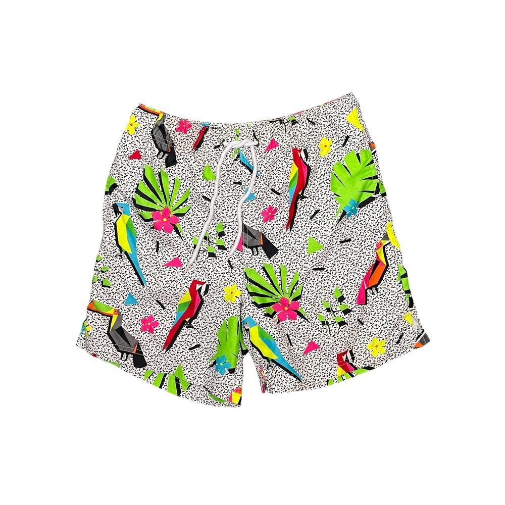 George Mens‎ Swim Trunks Small 28-30 Arctic White Neon Retro 80s Bird Vaporwave